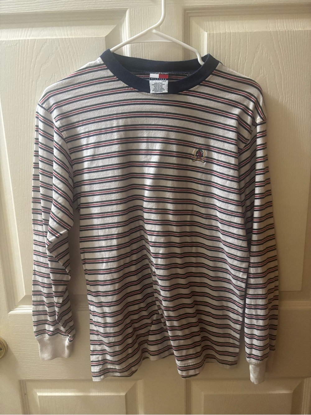 Tommy Hilfiger Cream Striped Long Sleeve Tee with Navy Trim